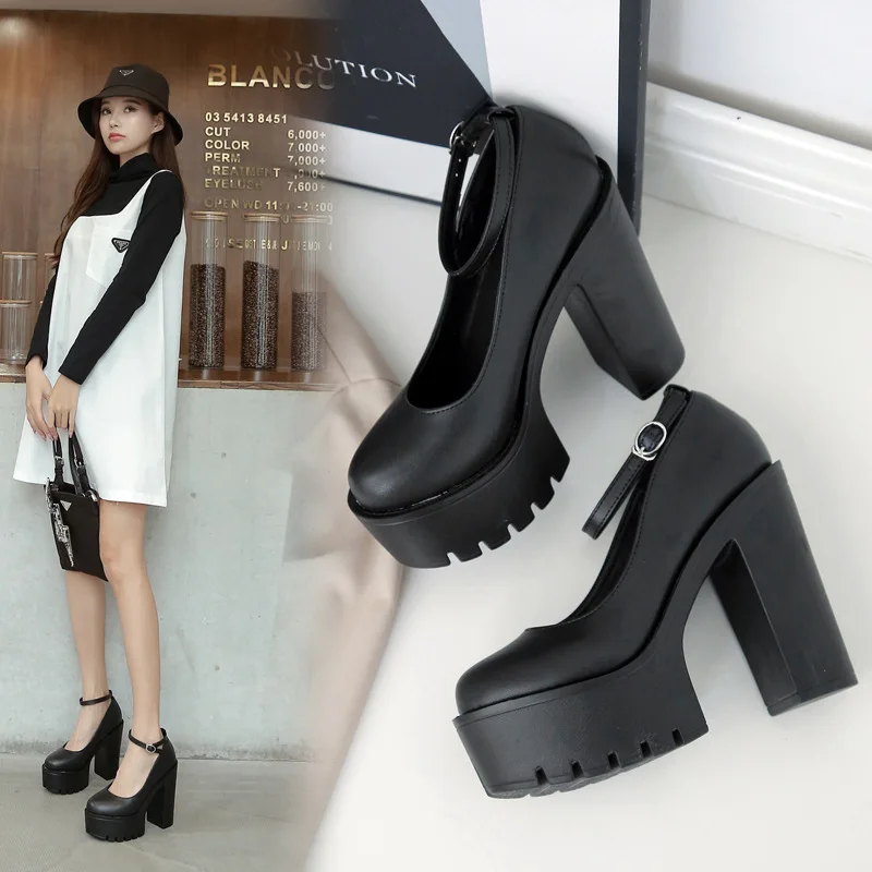 2022 New Spring Autumn Casual High-heeled Shoes Sexy Ruslana Korshunova Thick Heels Platform Pumps Black White Size 42