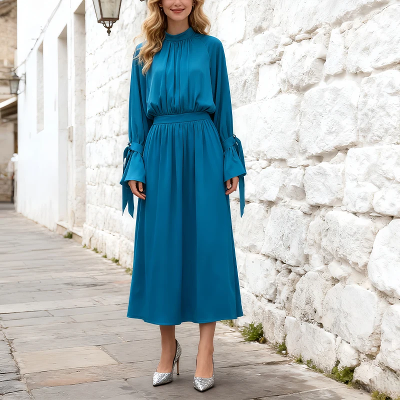 Damen-Maxikleid mit Stehkragen und langen Ärmeln, blaugrünes, plissiertes, elegantes Abendkleid aus Satin mit Bündchen