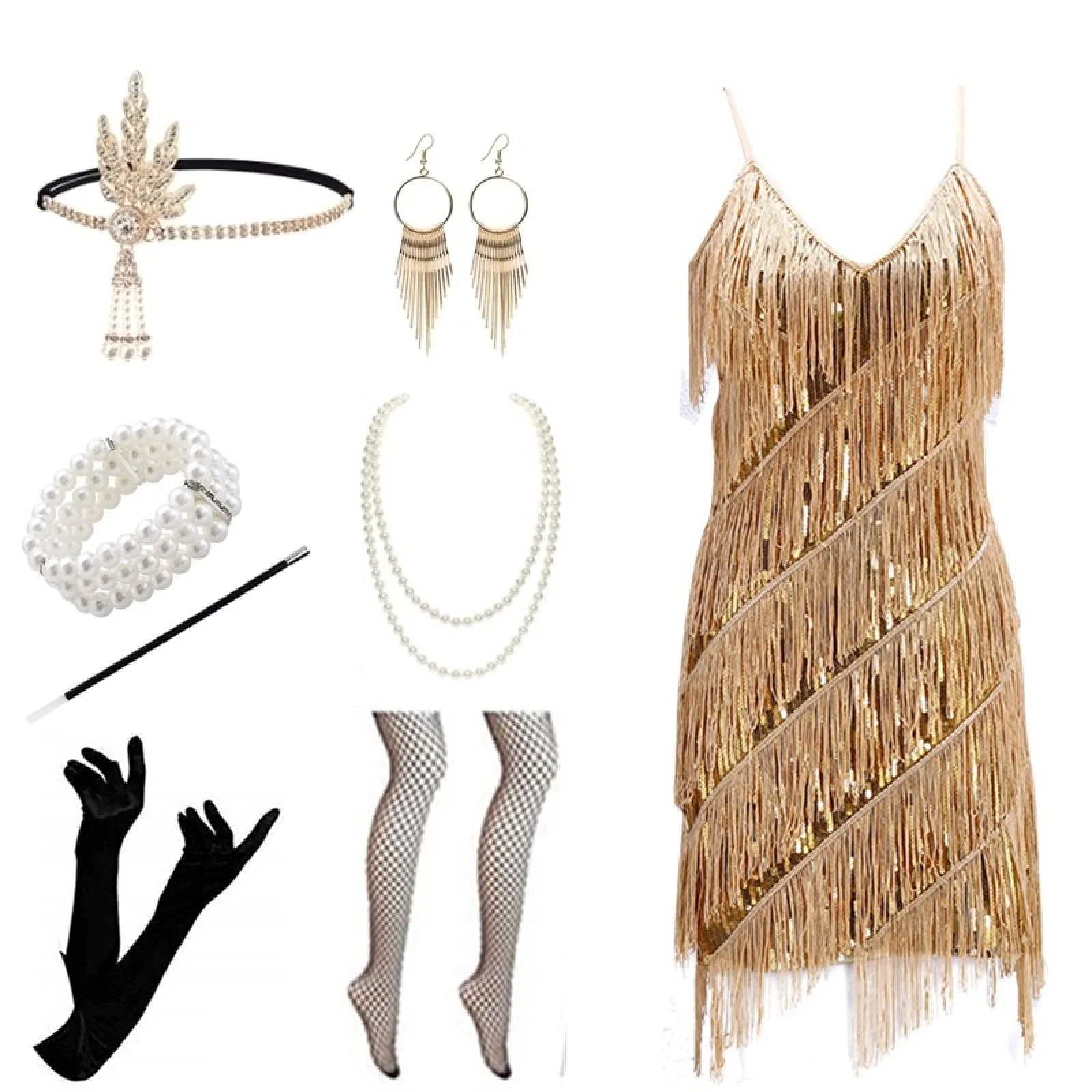 Vestido feminino sem mangas com borla e lantejoulas, decote em V, lantejoulas, frisado, franjas, com acessórios para traje de baile de Halloween