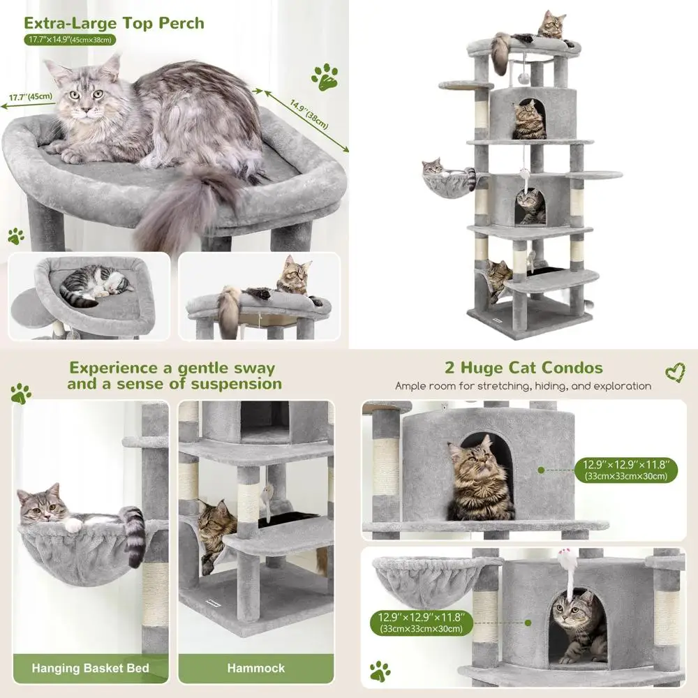 

66 Curved Large Cat Tree, 6 Scratching Posts, 2 Condos, Hammock, Basket for Multiple Indoor Cats, Light Grey