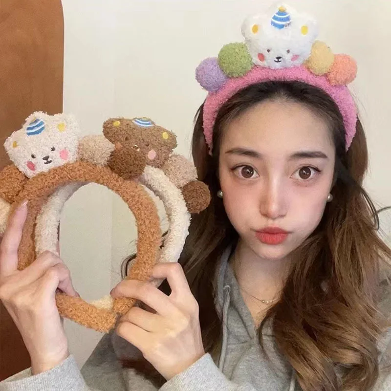 

New Plush Cartoon Bear Hair Bands Women's High Cranial Top Wash Hair Bundle Fashion Cute Daily Home Winter Hair Accessories