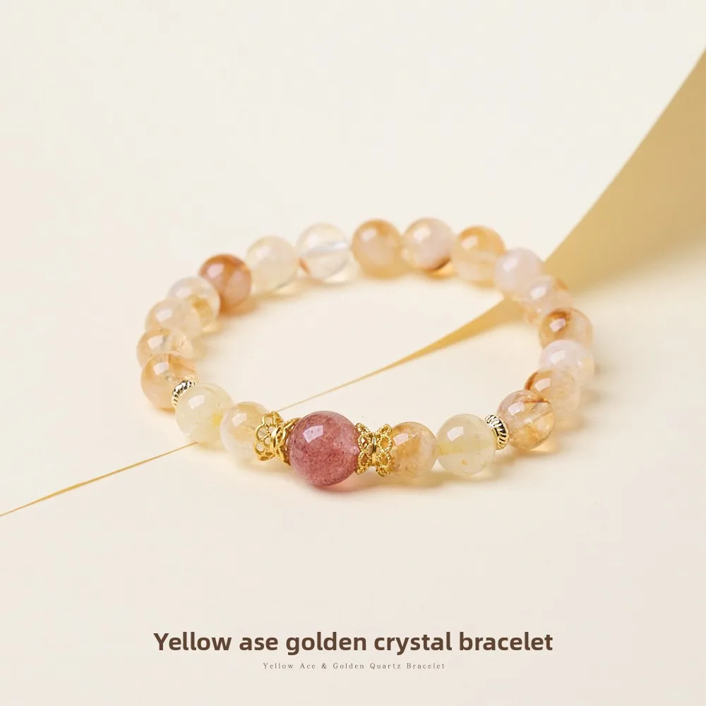 Chinese Style Lucky Yellow Azeztulite Rutilated Quartz Bracelet Strawberry Quartz Wealth Attracting Good Blessing Jewelry For