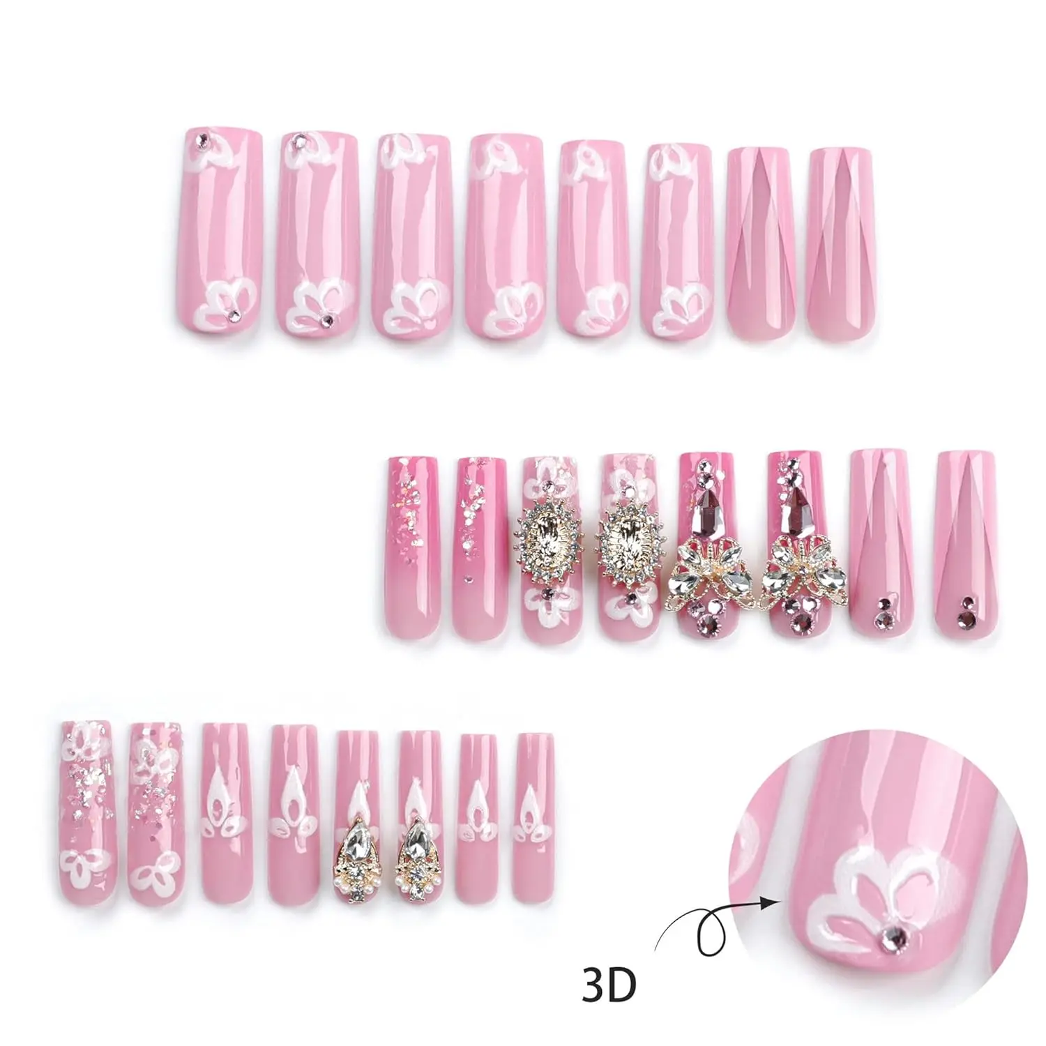 24Pcs Luxurious French Long Square Pink 3D Flower False Nails with  Bow Water Droplets Brick Stone False Nails for Women Wedding