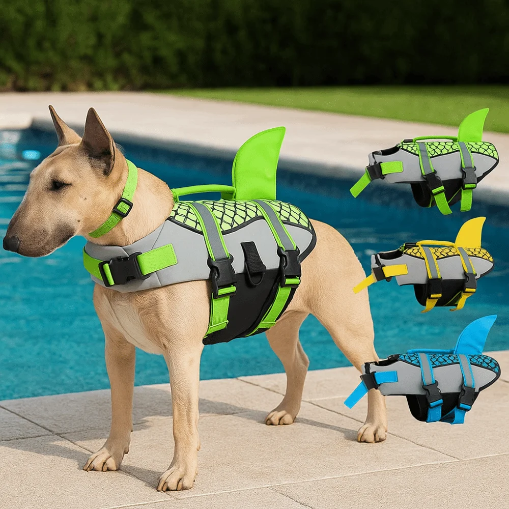 Светоотражающий спасательный жилет для собак с акулой, повышенная плавучесть, водонепроницаемый купальник для собак с ручкой, противоударный защитный жилет для собак