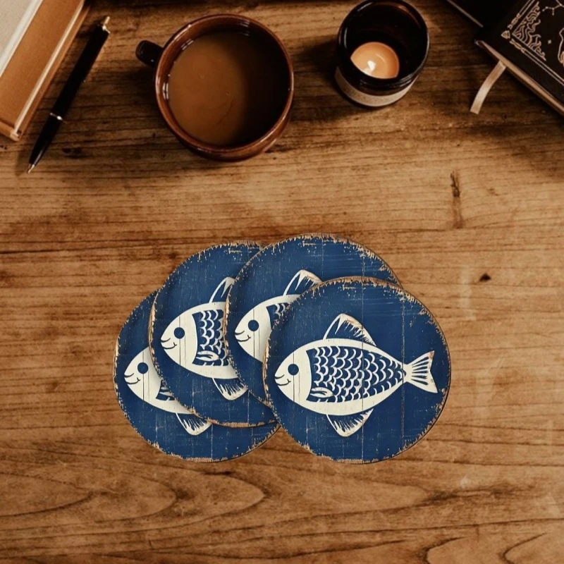 4pcs 2D Flat Sea Fish Shaped Wooden Coasters Retro Coffee Shop Furniture Decor Cup Mats Desktop Protection Pads Ideal Home Gifts