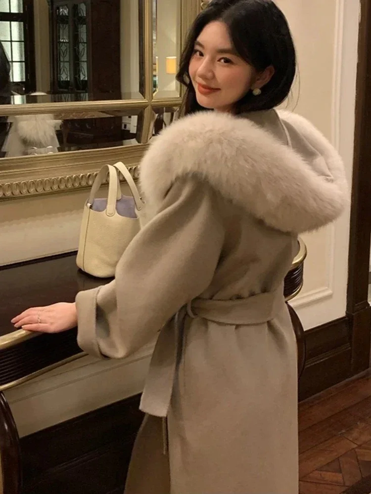 2025 Vrouwen Lange Dubbelzijdige Wollen Jas Met Capuchon Echt Vossenbont Kasjmier Wollen Jas Vrouwelijke Mode Elegante Warme Winter kleding