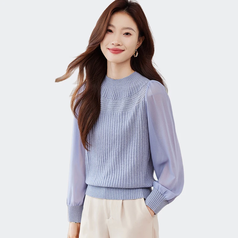 

Chic Design Women's Knitted Pullovers Simplicity Fashion O-Neck Gauze Long Sleeve Sweaters Elegant Commute Casual Tops Femme