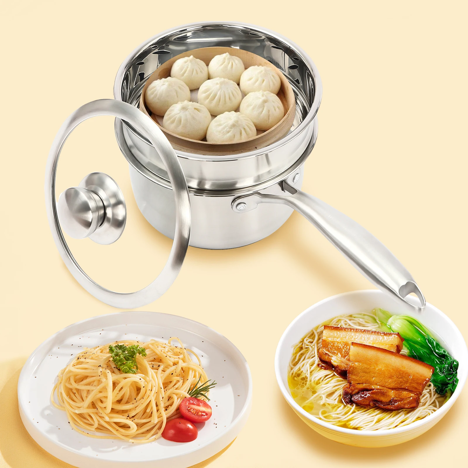 

18cm Double Layer Steaming Pot w/ Lid - Stainless Steel Saucepan & Steamer Insert for Multi-Purpose Cooking, Modern Kitchenware