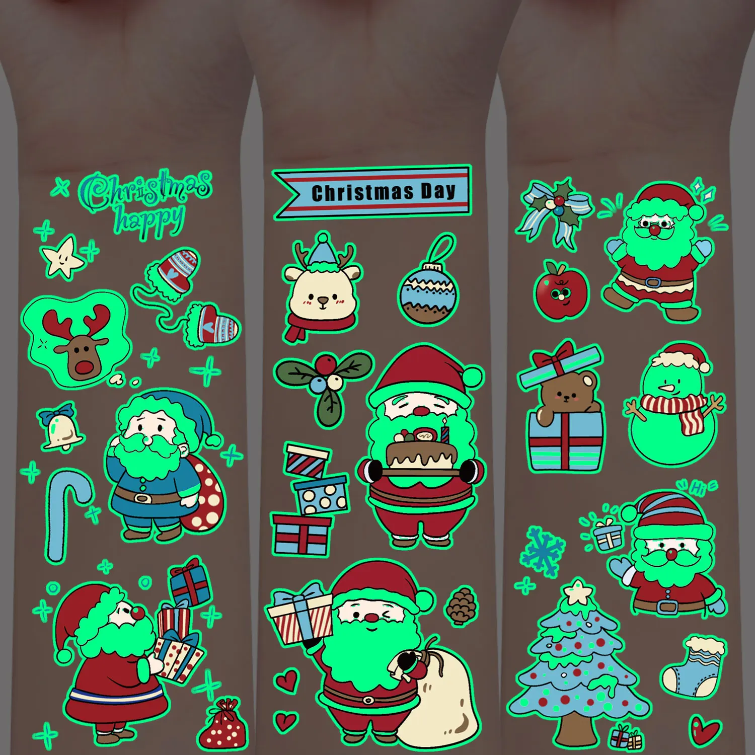 10 Sheets 148 Cartoon Christmas Element Pattern Luminous Tattoo Stickers, Santa Claus Christmas Tree Christmas Snowman Snowflake Christmas Decoration Series Pattern Tattoo Stickers, Glow in the Dark Temporary Tattoos, Christmas Party Body Arm Makeup Waterproof Art Realistic Fake Tattoo Stickers