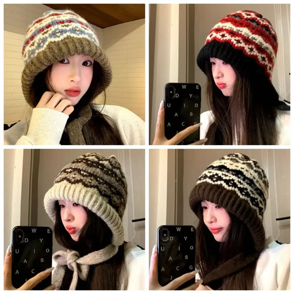 Chapeau d'oreille thermique rétro japonais pour femme, bonnet tricoté à la main, mode hiver