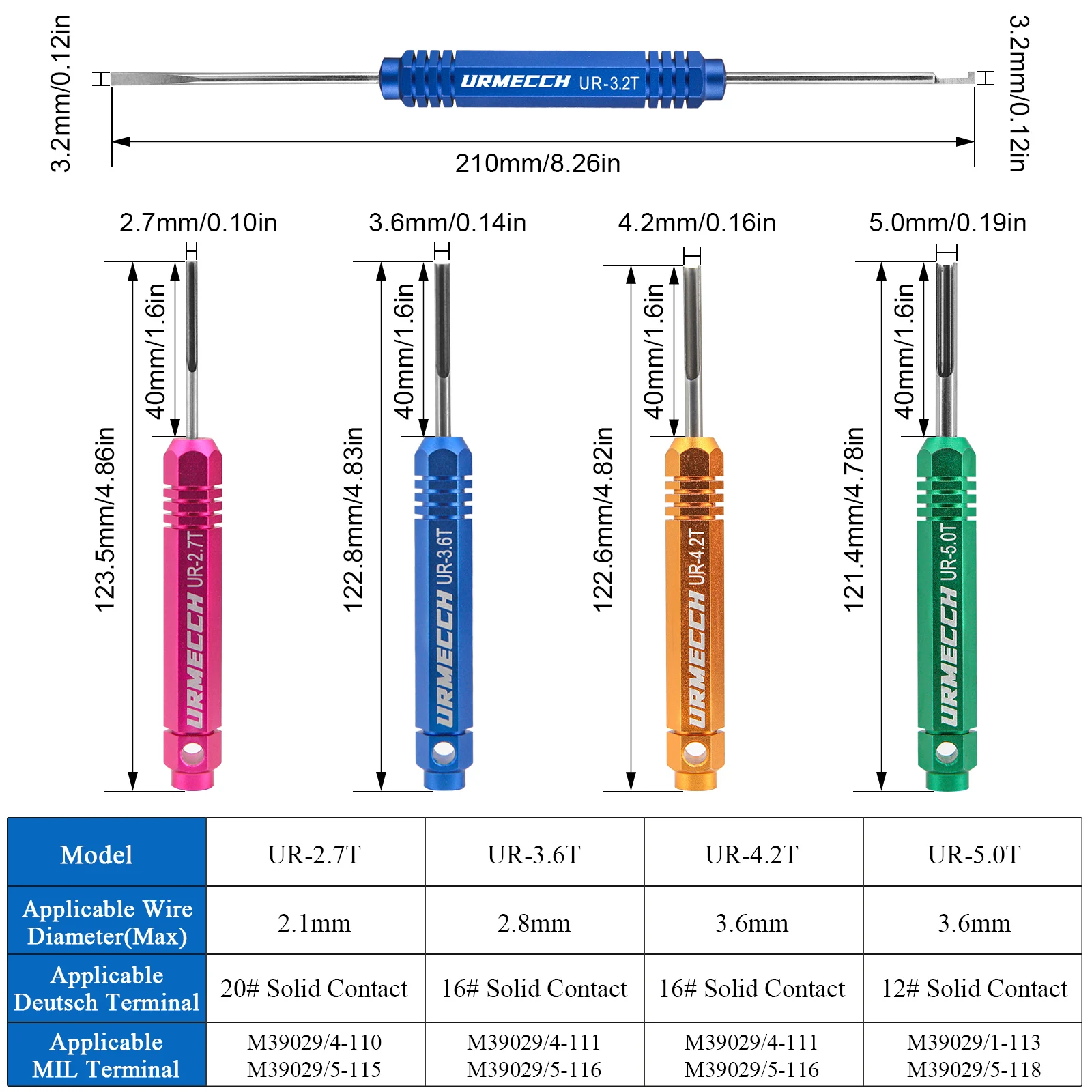 URMECCH Pin Extractor Tool For Solid/Stamped Contacts Terminal Removal Instrument For Deutsch Connector DT DTM DTP HDP DRC RT1B