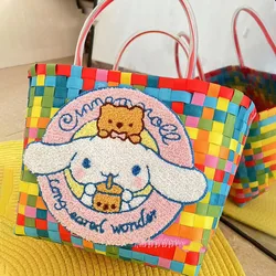 New Mikko Anime Sanrio Cinnamoroll Straw Woven Bag Cartoon Printed Trendy Handbag for Vacation Fashion Matching with Girls