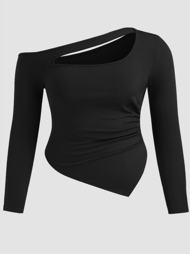 Autumn And Spring Fashion Elegant Solid Color Button Cross Strap Design Skew Neck Thin Plus Size Women's Long Sleeve T-shirt