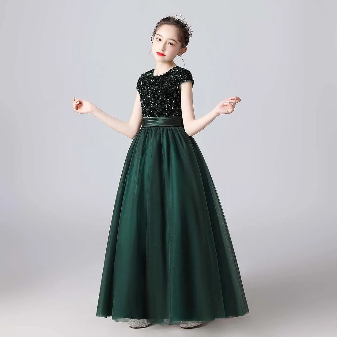 YZYmanualroom Glitter Sequins Short Sleeves Flower Girls Dresses For Wedding Tulle Birthday Party Christmas Dress For Girl