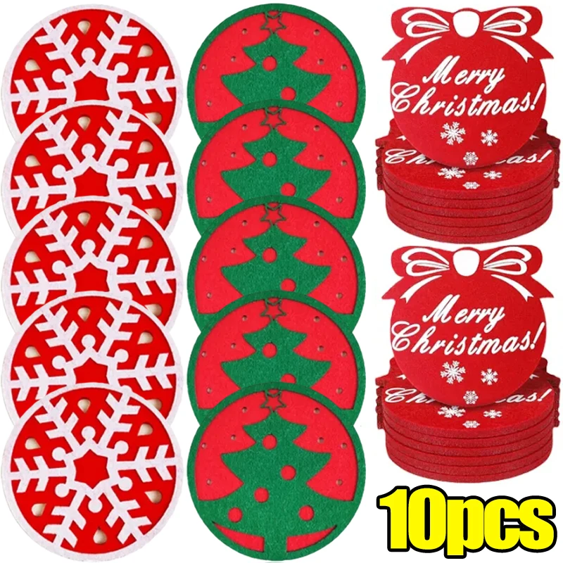 1-10PCS Circular Christmas Coaster Felt Cup Mat Shape of Snowflake Christmas Tree X-mas Party Decoration Table Accessories Pads