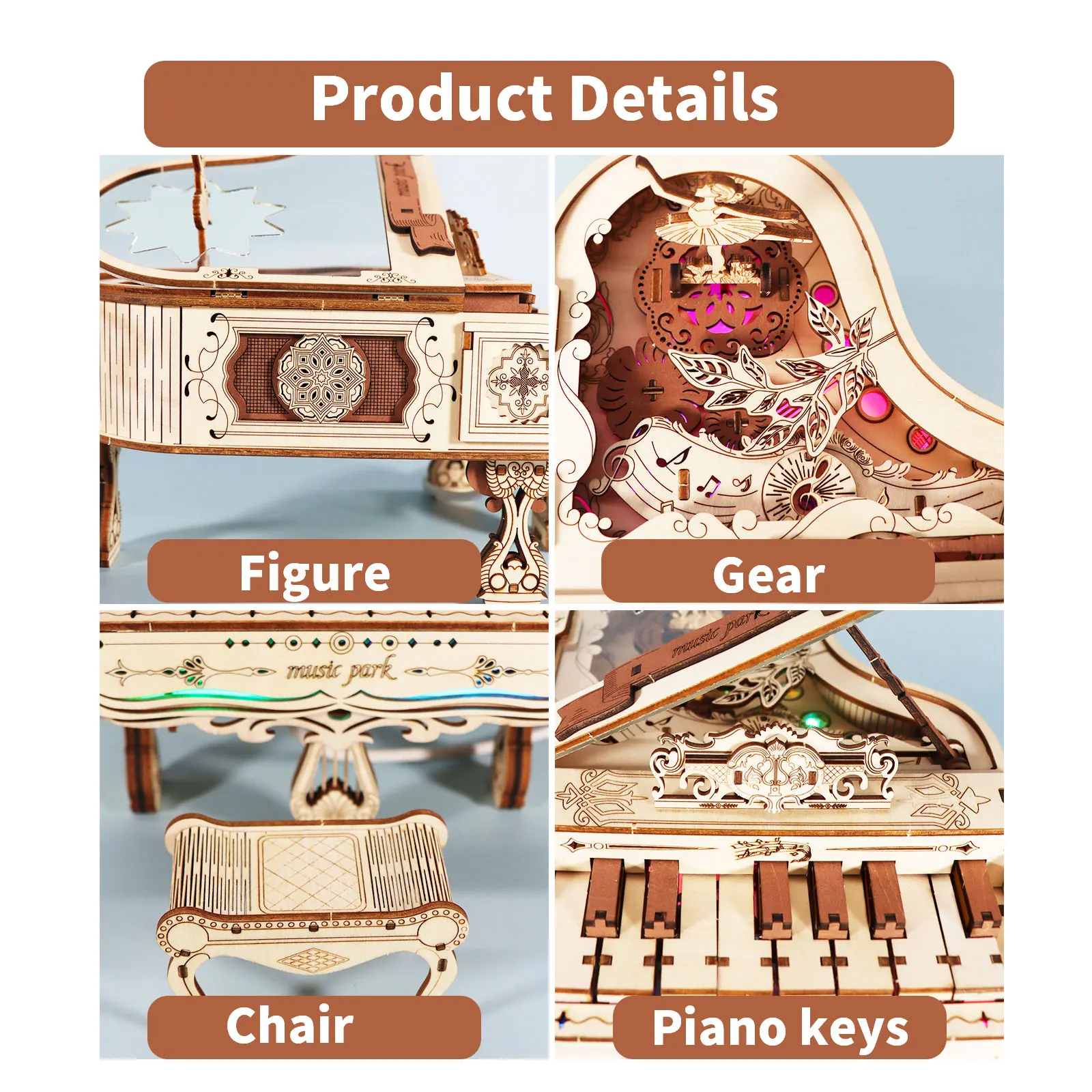Kits de modelos de rompecabezas de madera 3D para adultos para construir caja de música de piano se puede hacer paly con luces, regalos para Navidad