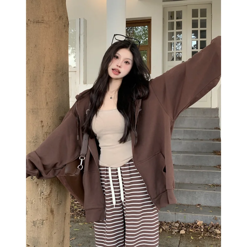 Brown Jacket Sweatshirt Women Vintage Coat Long Sleeve Streetwear Korean Fashion Casual Y2K Style Winter Female Hooded Tops