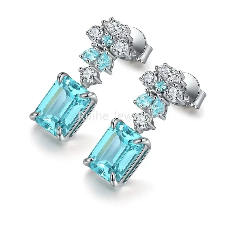 Ruihe New Classic Style Emerald Cut Lab Grown Gemstone Paraiba 925 Silver Earrings Women Jewelry Ladies Party Gift