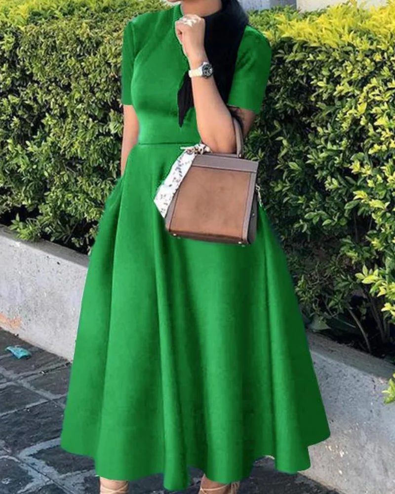 

Solid Womens Pocket Long Dresses Elegant Mock Neck Back Zipper Short Sleeve Maxi Party Dress 2023 Summer Fashion Female Vestidos