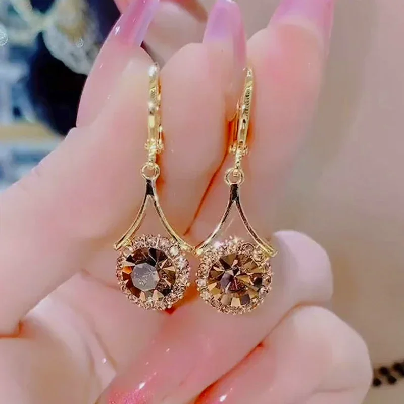 2024 tren sampanye zirkon kristal bulat anting menjuntai untuk wanita mode baru elegan temperamen gadis perhiasan hadiah ulang tahun