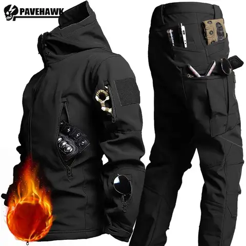 두꺼운 따뜻한 세트 망 겨울 멀티 포켓 후드 전술 재킷 + 방수 X7 전투 바지 2 피스 야외 방풍 기차 양복