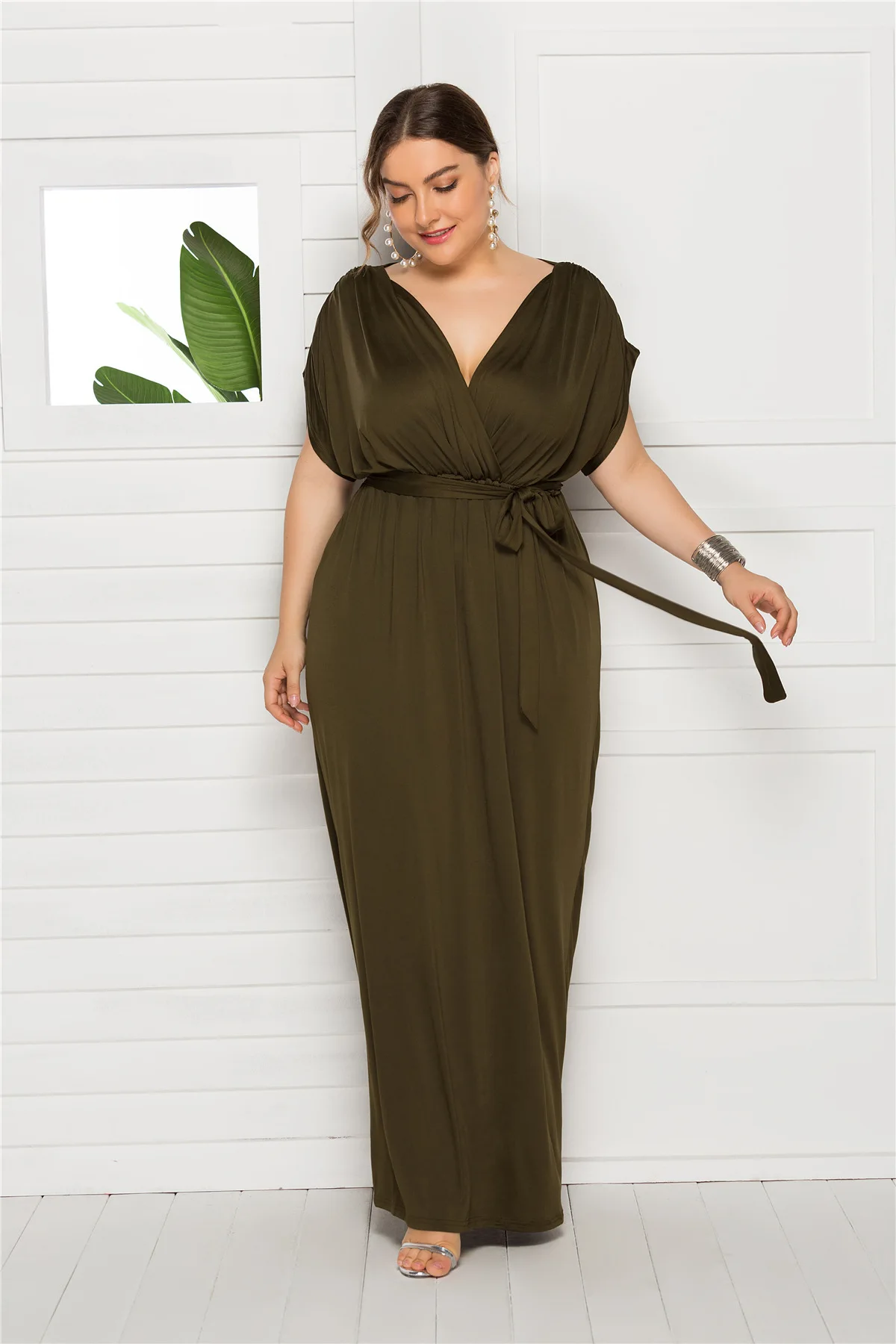 Plus Size Dress 2022 V-Neck Short Sleeve Solid Color Pattern And Ankle Slim Summer High Waist A-Line Skirt Elegant Party