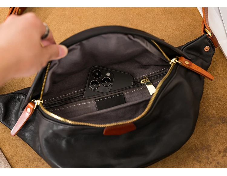 Fashion designers handmade genuine leather men's black chest bag outdoor daily party luxury cow leather sports crossbody bag