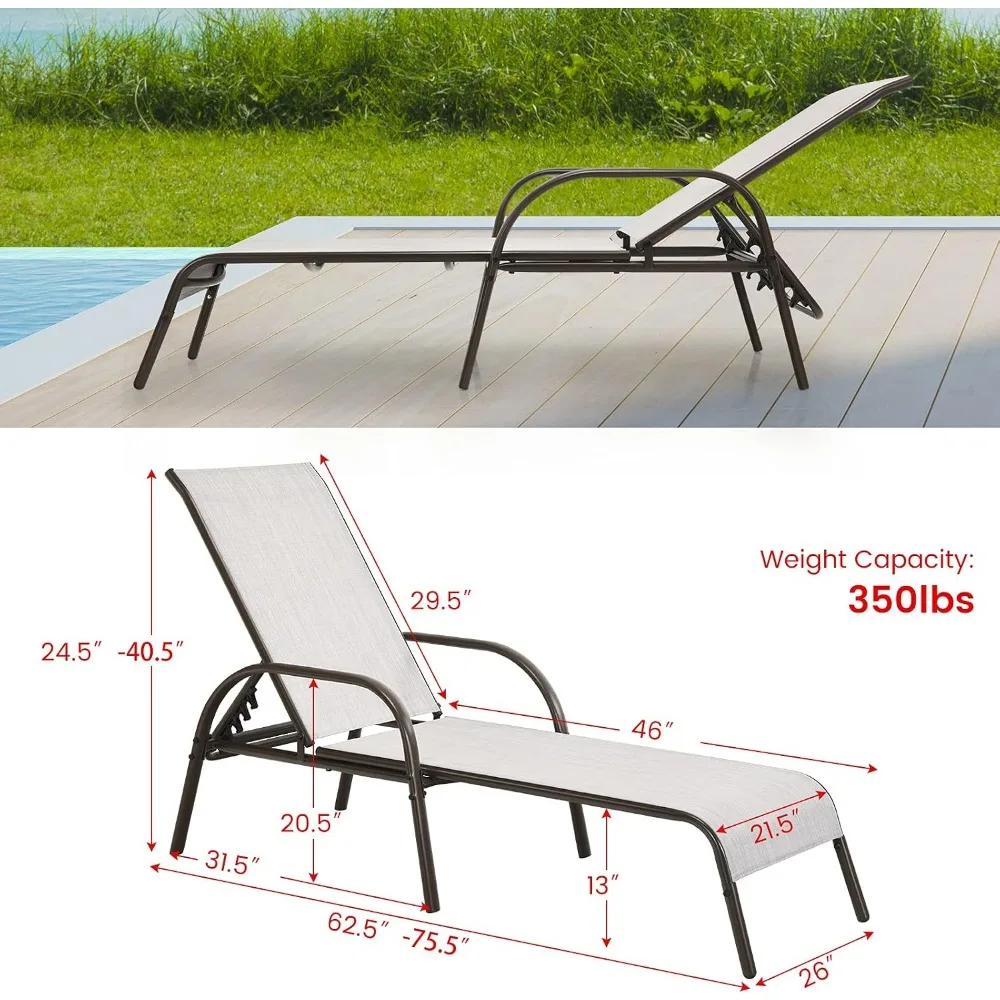 2 Pack Patio Lounge Chair with 5 Adjustable Backrest | Outdoor Steel Frame Sunbathing Recliner for Beach Yard Balcony Pool