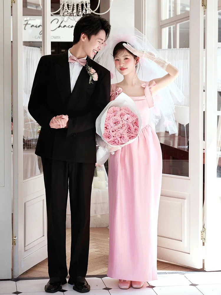 

Pink Princess Skirt with Bow Tie Photography Studio Theme Morning Robe Wedding Dress Stage Costume Women's Ethnic Fashion