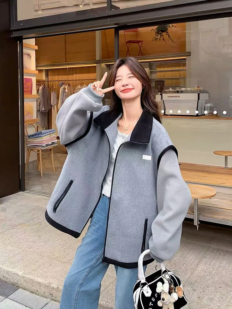 Faux Wool Patchwork Coats for Women Y2K American Loose Casual Zipper Jacket Bf Vintage Streetwear All Match Splicing Outerwear