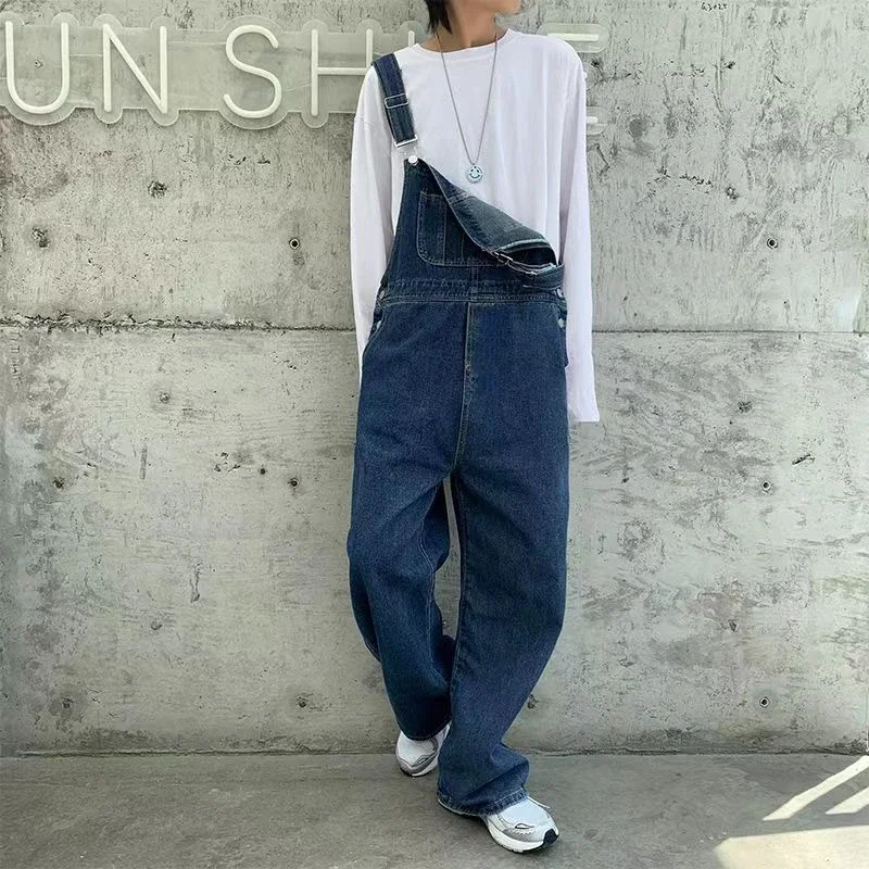 Casual Fashion Jumpsuit Men\'s Jeans Overalls Loose Straight Denim Overalls Suspenders Pants Safari Style Cargo Pants