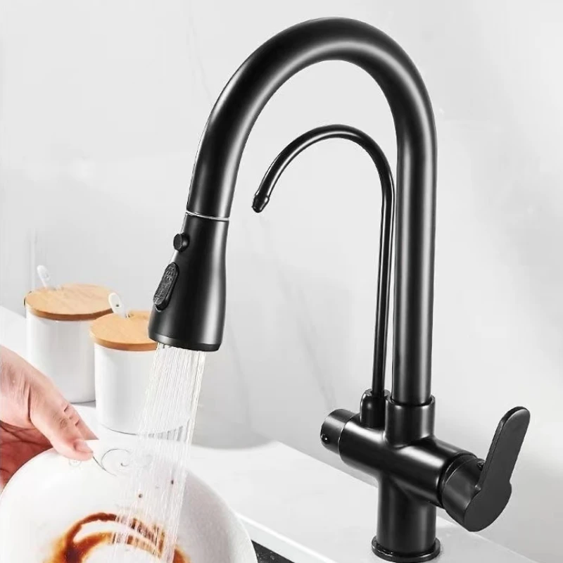 Black Touch Sensor Kitchen Faucet Pull-Out Sink Tap with Hot and Cold Mixer Pure Water Deck Mounted Dual Handle Tap