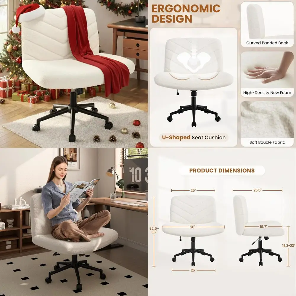 

Ivory Cross-Legged Swivel Desk Chair without Wheels, Comfortable Vanity Chair for Home Office, Reading, and Makeup