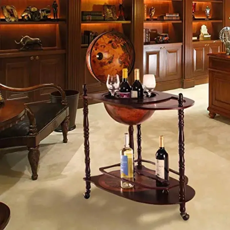 قضيب جلوب، حامل نبيذ خشبي مقاس 34.5 بوصة مع عجلات، رف سفلي وخريطة العالم القديم، مقصورة كحولية إيطالية طبق الأصل من القرن 16 عامًا #5