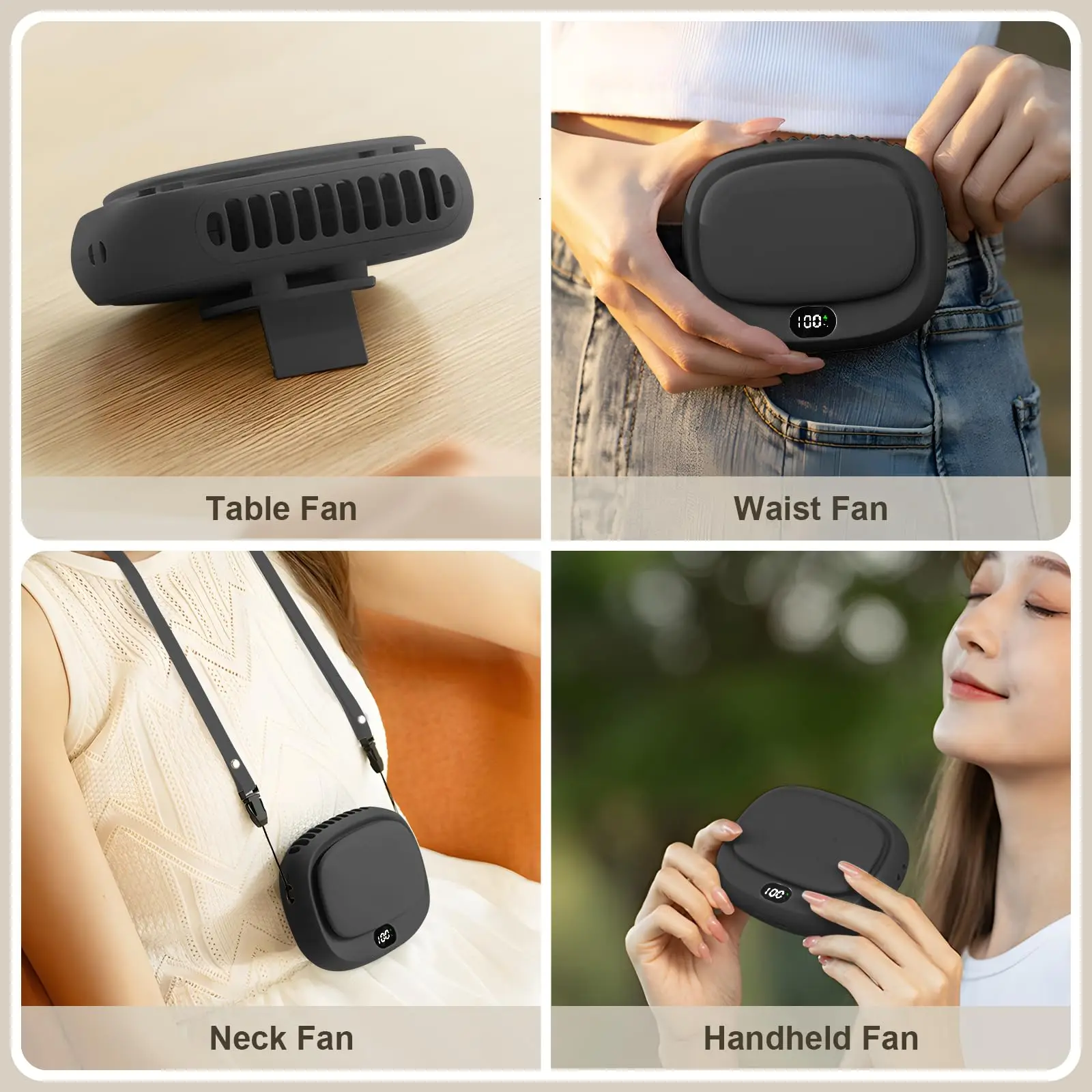 Portable Necklace Neck Fan Handheld Mini Personal USB Rechargeable Fan 5 Speed for Women Men Home Outdoor Travel Black