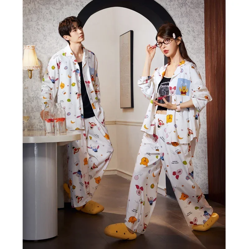 Disney Winnie the Pooh Couple Pajamas Women\'s Cotton Long Sleeve Long Casual Two-piece Set Men\'s Women\'s Pajamas Homewear