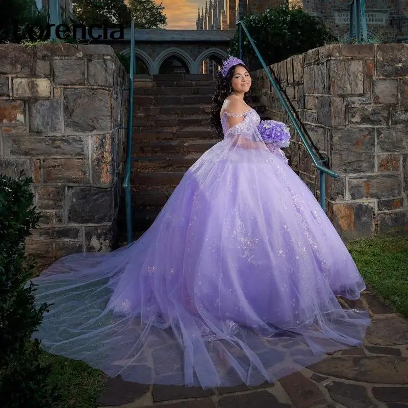 

Lorencia Luxury Lavender Shiny Quinceanera Dress Ball Gown Sweet 16 Girls Beading Appliques With Cape Vestidos De 15 Años YQD619