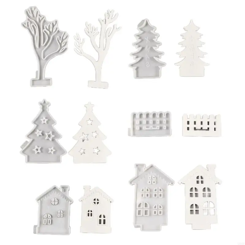 

U90E 6Pcs Christmas Tree and House Silicone Molds for Candle Holder Decoration, Plaster Decoration, Chocolates, Cake Fondant