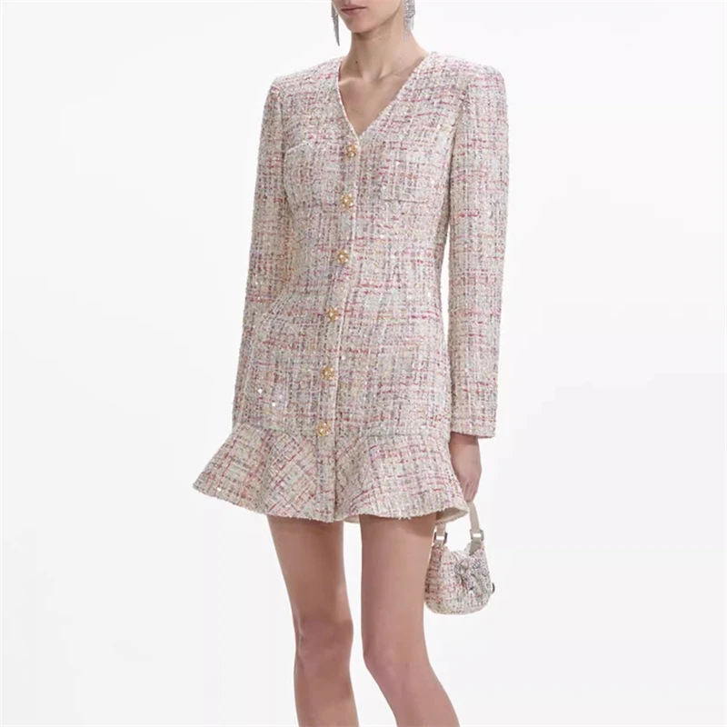 Fall new women\'s V-neck tweed long-sleeved dress y2k Premium Fashion diamond-encrusted button Sparkly woven casual mini dress