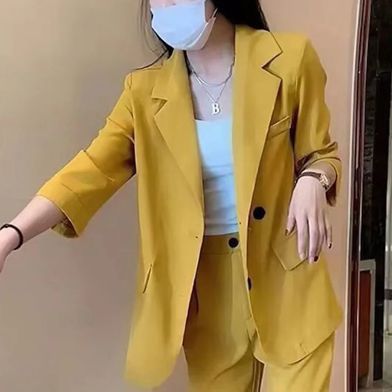 Blazer informal de Color liso con bolsillos y solapa para mujer, chaqueta holgada de gran tamaño para oficina, Otoño, 2023