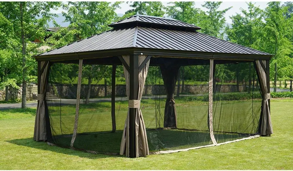 12x12 Foot Hardtop Pavilion with Mosquito Net and Curtains, Custom Metal Pavilion, Garden Courtyard, Waterproof and UV Resistant