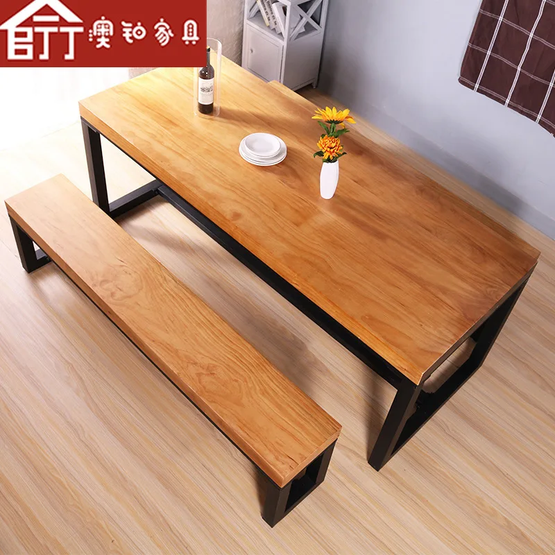 American-Style Solid Wood Dining Table Commercial Canteen Dining Table Barbecue Shop Rectangular Dining Table and Chair