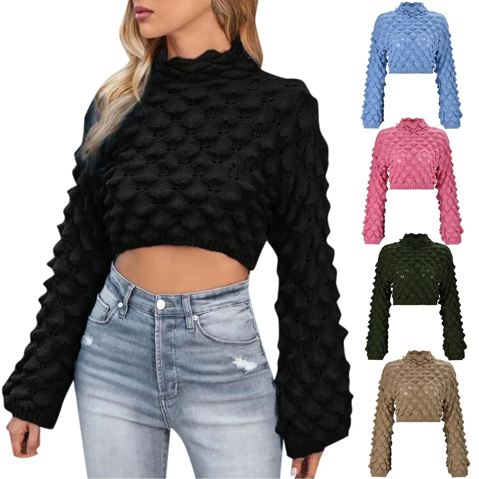 

2023 Autumn Winter Sweater Women Casual Hollow Out Solid Color Long Sleeve Knitted Ladies Pullovers Sweaters Fashion Crop Top