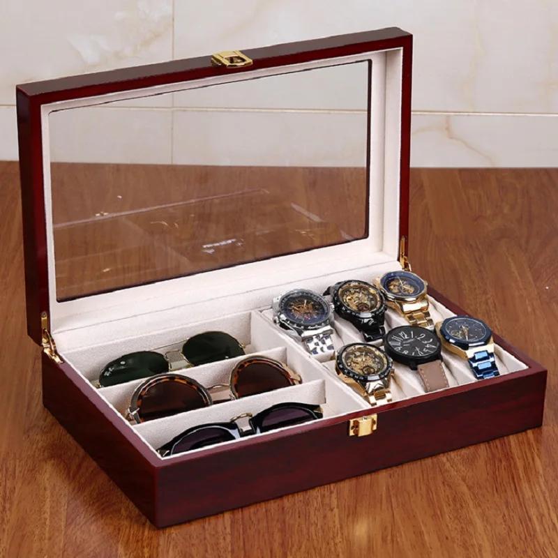 WellZone Hot Sale Household PU/Wooden Multiple 6+3 Watch/Sunglasses/Glasses/Jewelry/Ear Stud/Ring Storage Box For Gift