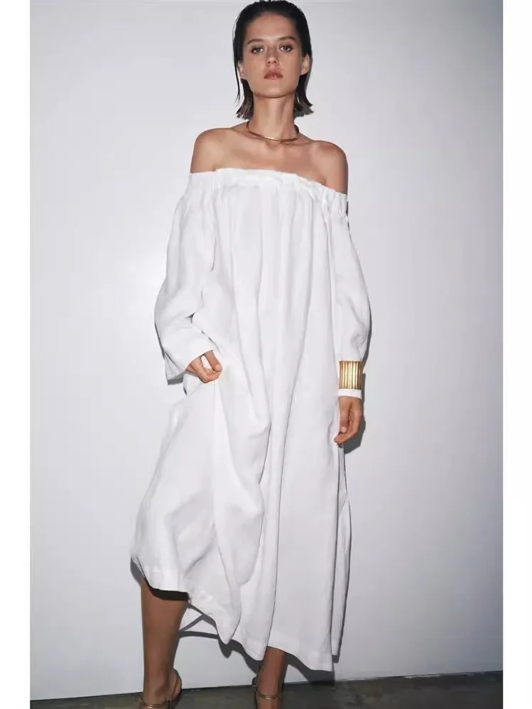 Nuevo Vestido de Lino en Línea A para Mujer, Otoño 2025, Hombros Descubiertos, Estilo Casual, Hoado, Manga Tres Cuartos, Ve...