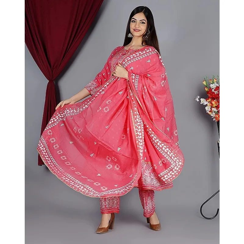 

Women Printed Pink Anarkali Kurti Plazo with Dupatta Indian Salwar Kameez Set