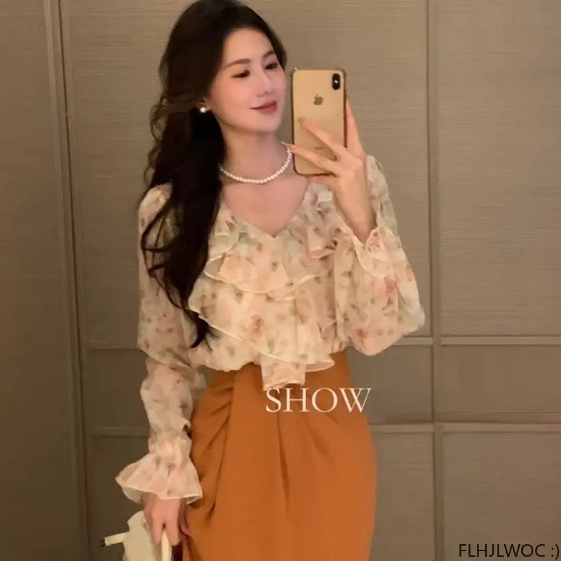 Flare Sleeve Romantic Blouses Hot Sales 2023 Women Tops Chic Korea Office Lady Cute Sweet Girls Pink Ruffles Shirts