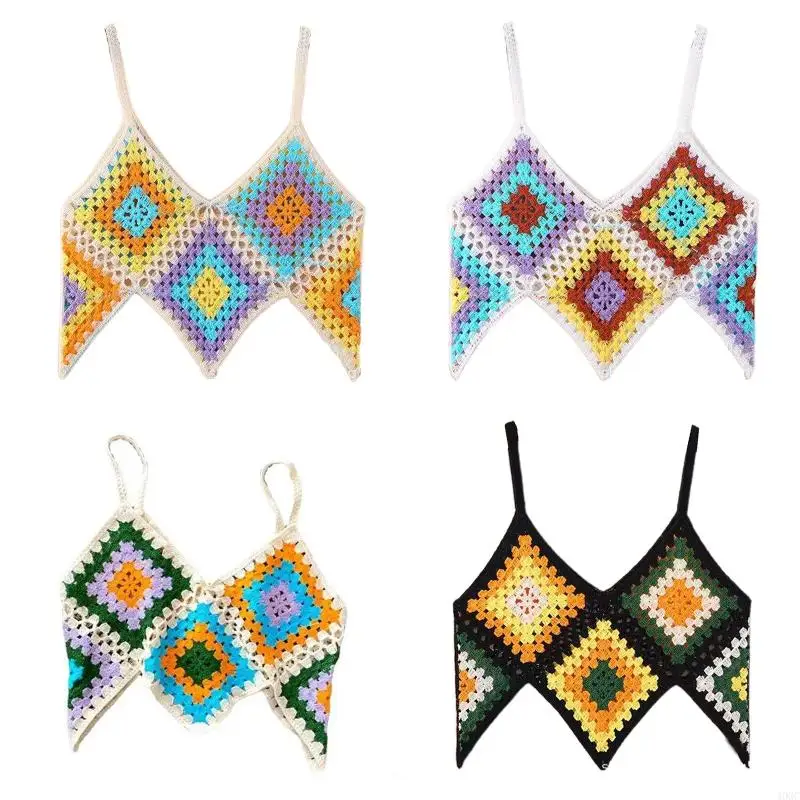 40GC Women Boho Crochet Knit Sleeveless Camisole Multicolor Rhombus Plaid Sexy V Neck Crop Top Irregular Hem Beach Vest