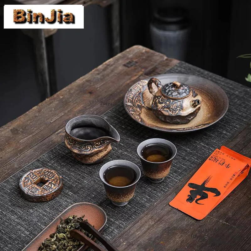 2pc/set Vintage Old Rock Mud Teacup High-feet Master Cup Retro Coarse Pottery Meditation Cup Chinese Chazhan Mug Tableware 40ml