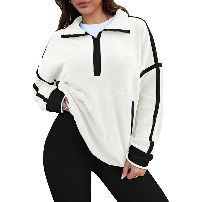 New Autumn Winter Half Turtleneck Half Zipper Sweatshirt Casual Drawstring Short Versatile Loose Top Women's Striped Sweatshirt